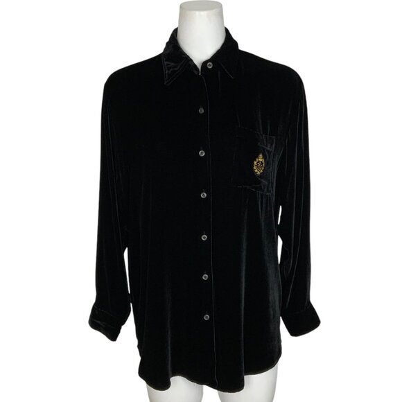 Lauren Ralph Lauren Crest Velvet Button Front Shirt Petite PM Black Long Sleeve - Picture 1 of 12